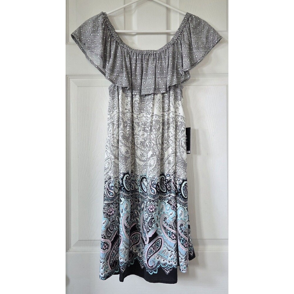 EXPRESS Ivory & Black Off The Shoulder Mini Dress Ruffle Neckline Women's S NWT